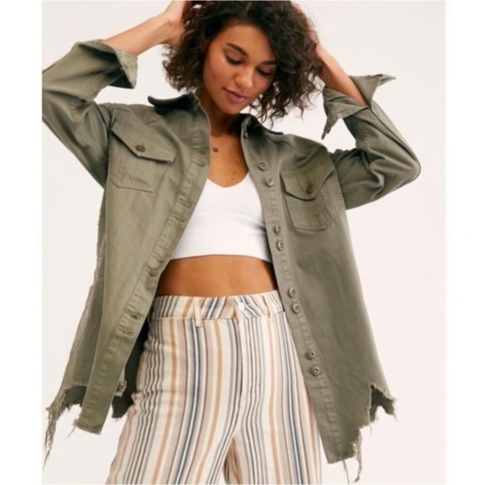 Free People Women's Small Olive Green Raw Hem Utility Jacket Shirt‎